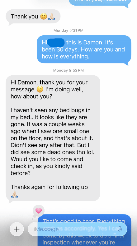 Customer follow-up message reporting no bed bugs after treatment