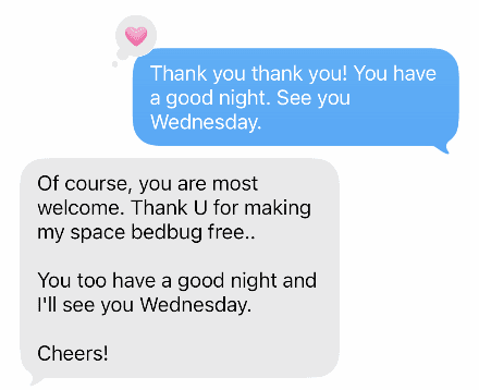 Customer thank-you message saying the space is bedbug free