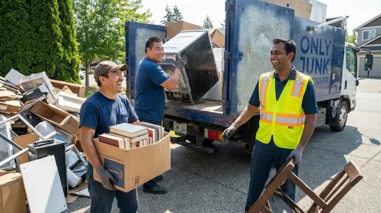 Team loading truck with junk